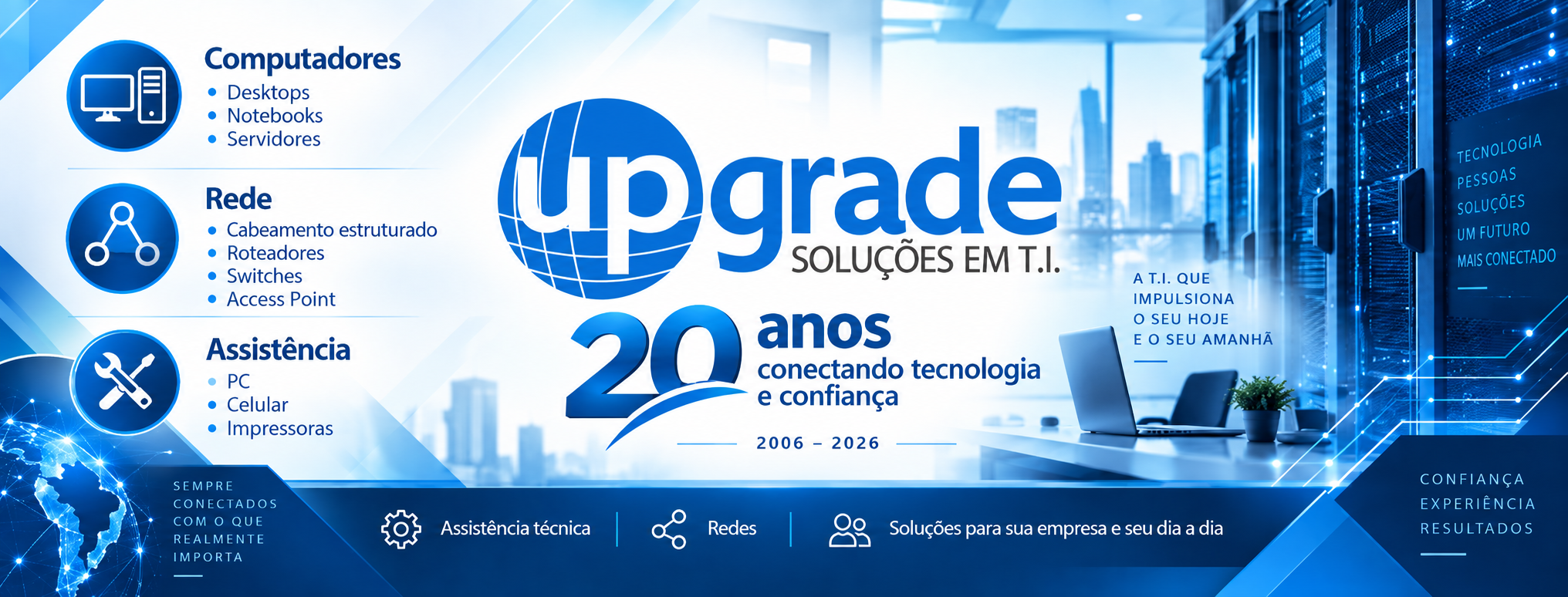 UPGRADE Soluções em T.I. — 20 anos conectando tecnologia e confiança, 2006–2026. Computadores, redes e assistência técnica para pessoas e empresas.